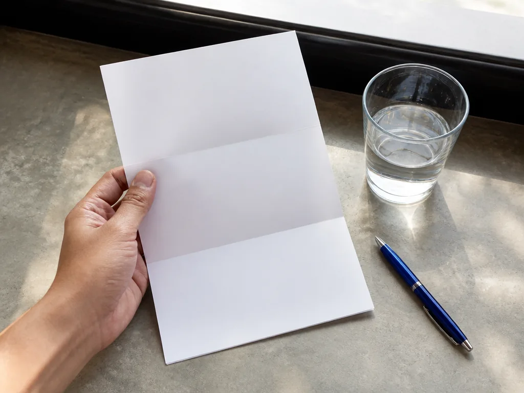 Photorealistic editorial photograph of a hand holding a blank bank statement beside a glass of water, stone tabletop, so