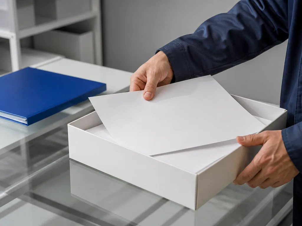 Photorealistic editorial photograph of a person’s hands sorting blank paper documents into a tray, workwear sleeve, desk
