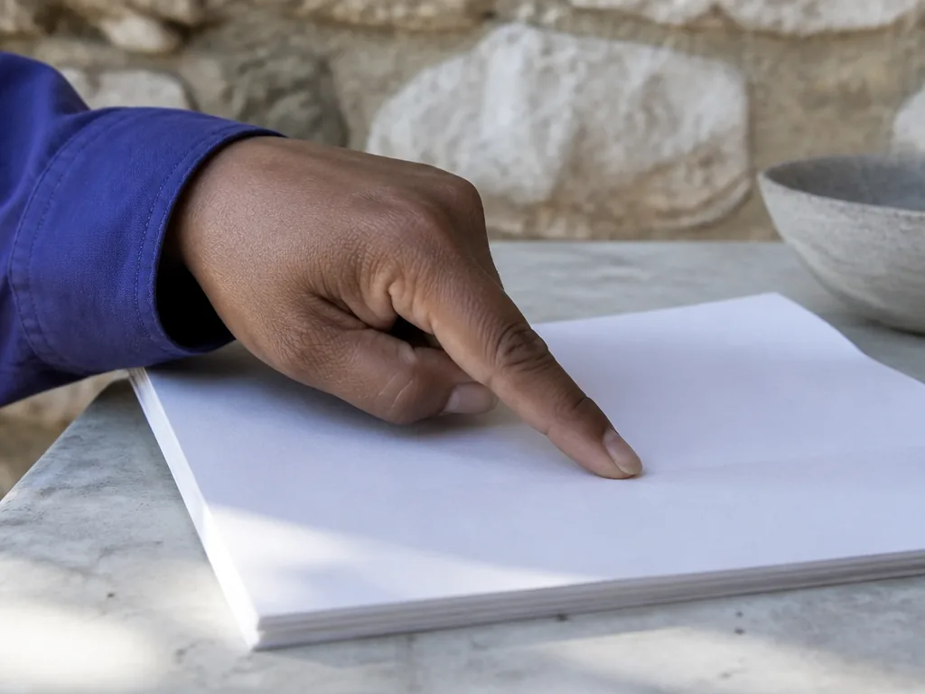 Photorealistic editorial photograph of a close-up of a fingertip tracing a line on a blank paper form, natural light, bl
