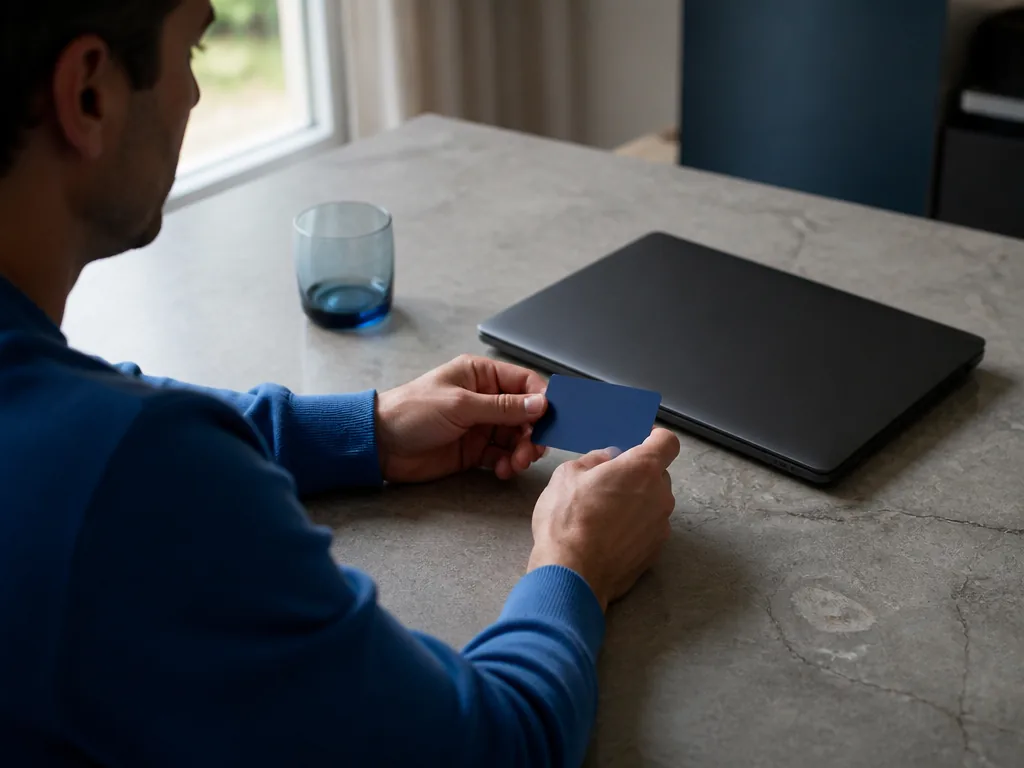 Photorealistic editorial photograph, contextual wide view of one person at a stone kitchen table handling an unmarked ba