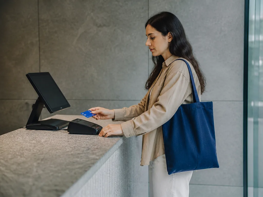 Photorealistic editorial photograph, contextual wide view of one shopper comparing chip insertion and contactless gestur