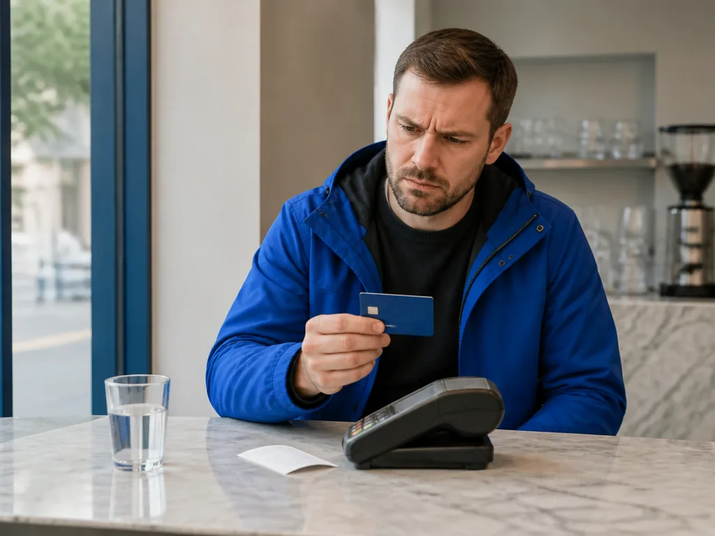 Photorealistic editorial photograph, contextual wide view of one concerned customer inspecting an unmarked bank card bes