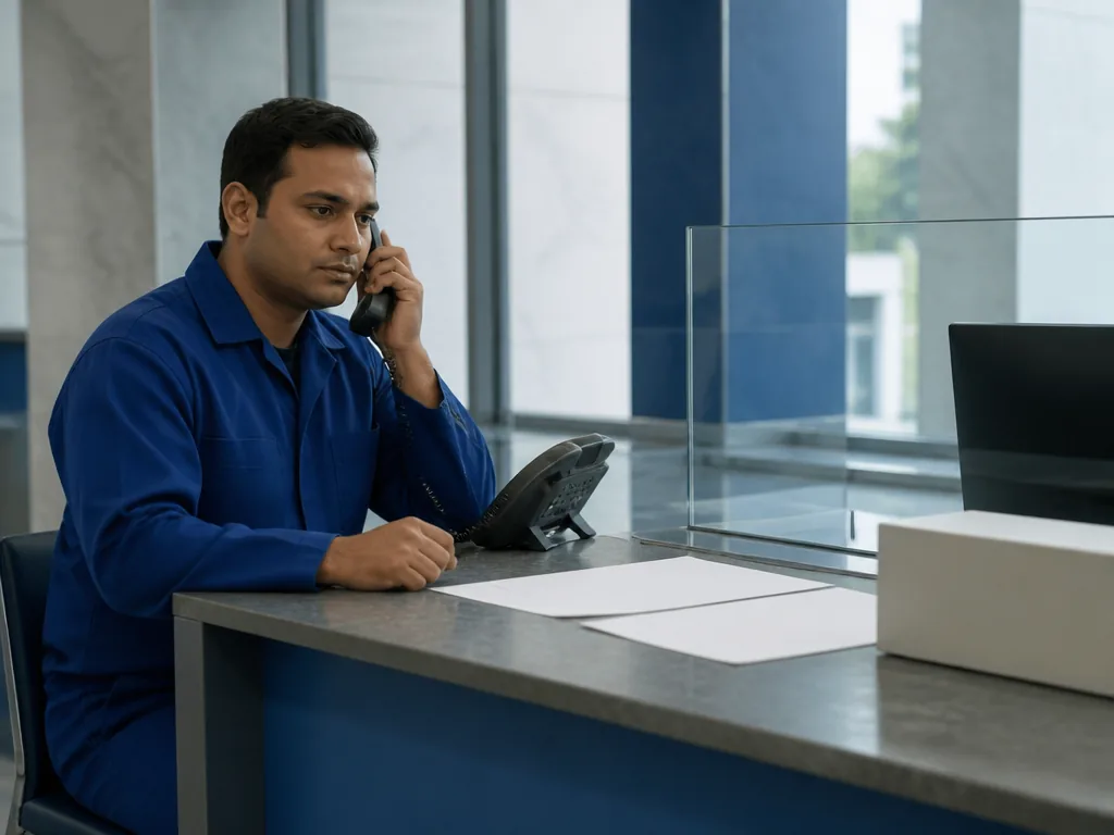 Photorealistic editorial photograph, contextual wide view of one person seeking card assistance by landline at a quiet g