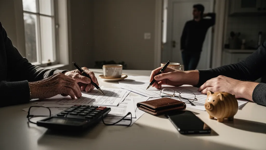 Main tenant un contrat d'assurance-vie et une paire de lunettes, documents financiers étalés