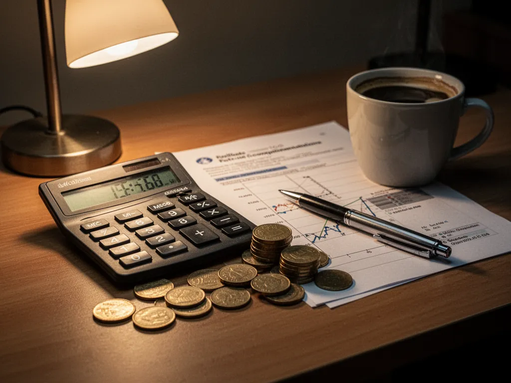 Calendrier et calculatrice posés sur un relevé de pension Agirc-Arrco, stylo plume à côté
