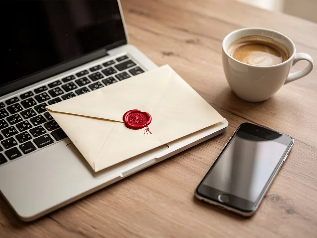 A cream envelope with a red wax seal resting on an open laptop keyboard beside a smartphone and a cup of coffee, soft mo