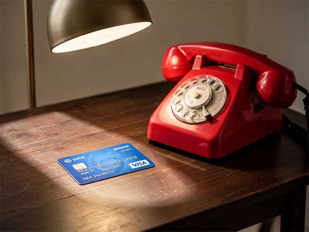A blue bank card lying on a dark wooden table next to a red rotary telephone with the receiver slightly lifted, overhead