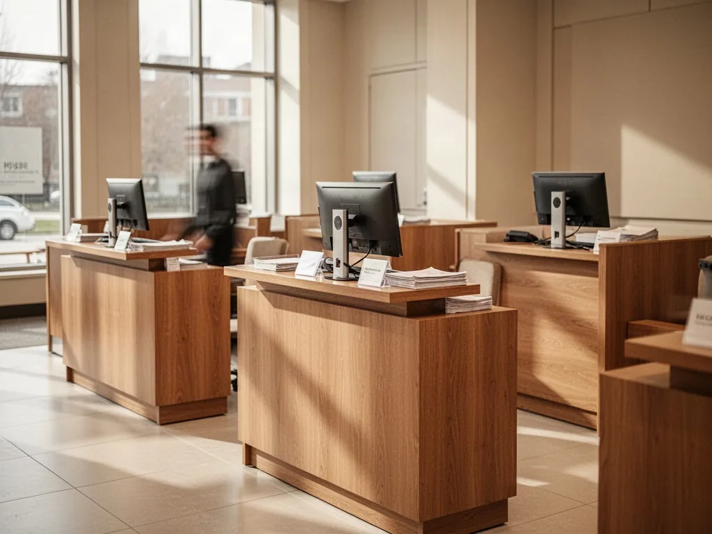 Three identical wooden service desks arranged in a row in a sunlit banking hall, each with neat papers and a monitor, a 