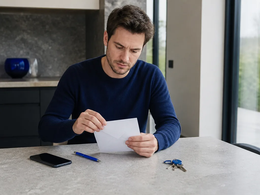 Photorealistic editorial photograph, contextual wide view of one person at a stone kitchen table, opening an unmarked en
