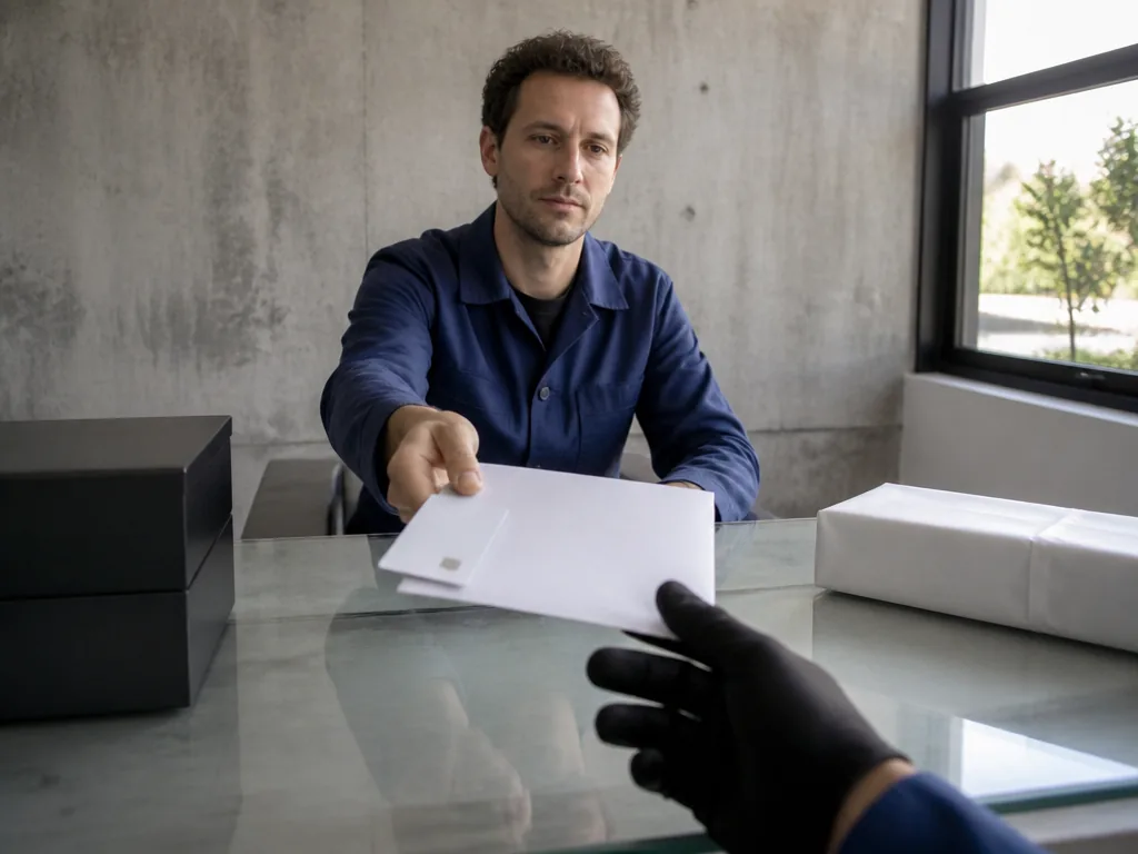 Photorealistic editorial photograph, contextual wide view of one person at a glass-topped desk, hesitating before handin