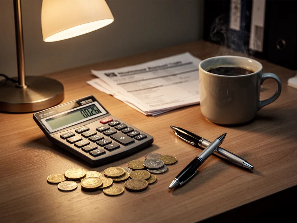 Personne consultant des offres de prêt sur ordinateur avec calculatrice, relevés bancaires et carnet de notes sur une table