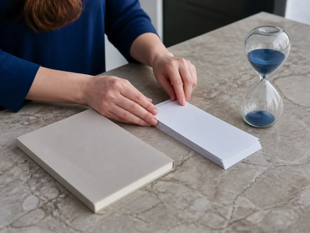 Photorealistic editorial photograph of a budget-conscious person aligning blank transfer slips beside an unmarked paper 