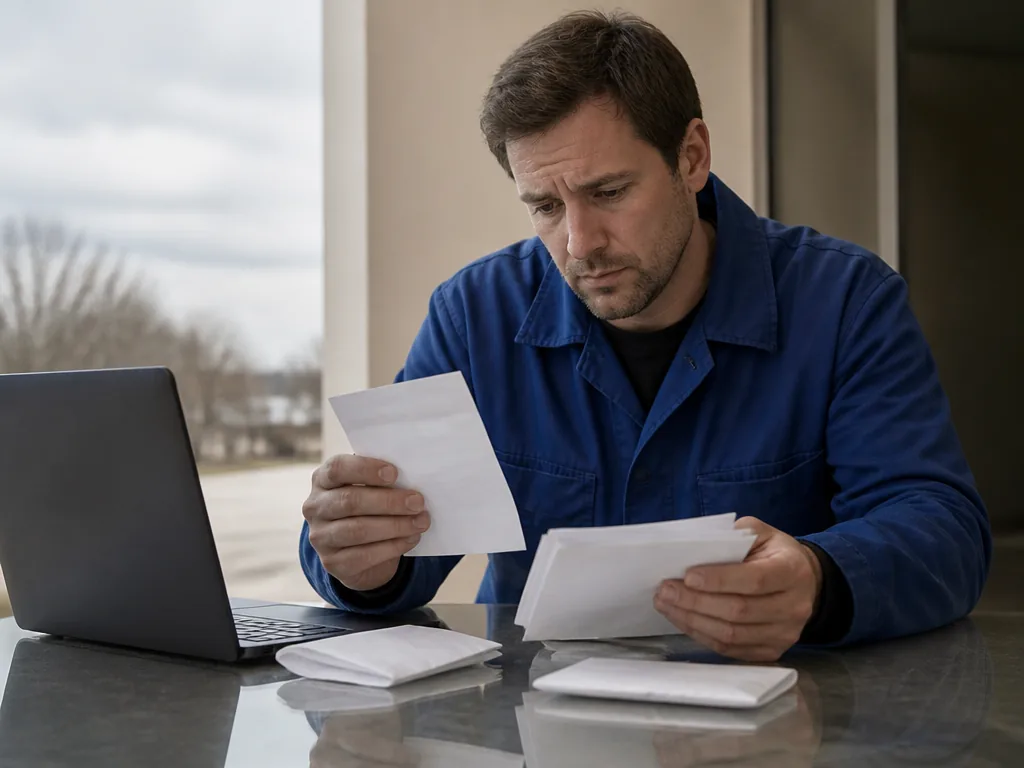 Photorealistic editorial photograph of a worried account holder sorting blank bank receipts and sealed unmarked envelope