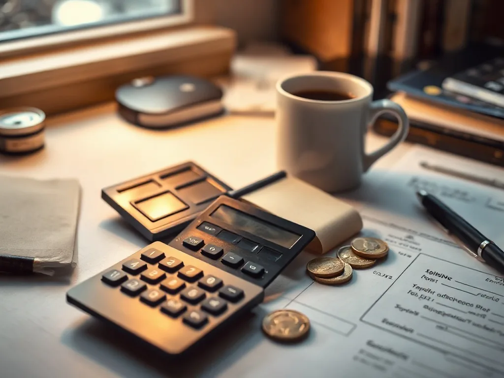 Bureau de conseil avec dossier patrimonial ouvert, calculatrice et stylo, dans une pièce lumineuse