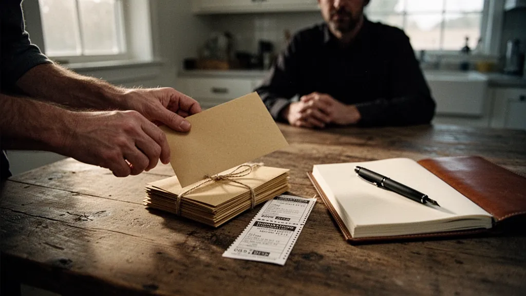 Main tendant une enveloppe vers une autre main, fond flou d'une salle associative