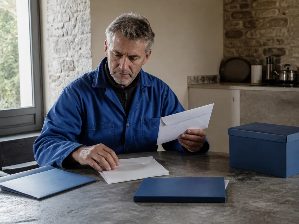 Photorealistic editorial photograph, contextual wide view of one person at a modest kitchen table sorting blank unmarked