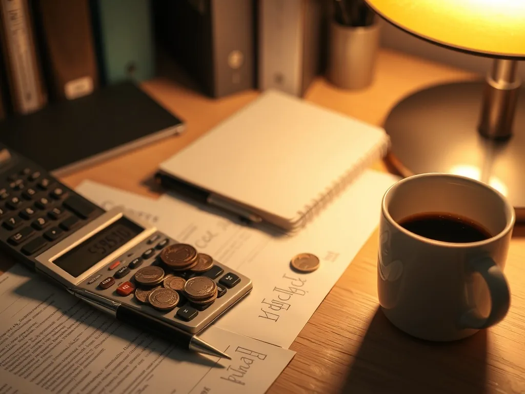 Bureau avec ordinateur affichant un tableau d'allocation de portefeuille, dossier de simulation fiscale et tasse de café