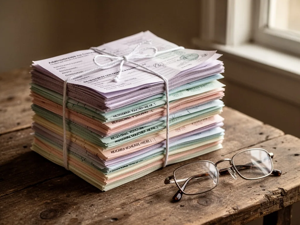A tall stack of pastel-colored administrative forms and regional voucher cheques tied with white string, beside a pair o