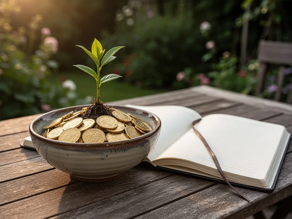 A small green sprout rising from a pile of gold coins in a ceramic bowl, an open notebook beside it on a wooden garden t