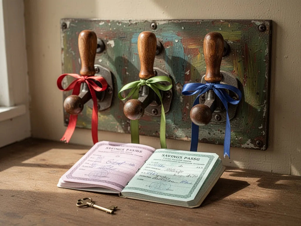 Three wooden-handled levers mounted on a painted metal panel, each tied with a colored ribbon, an open savings passbook 