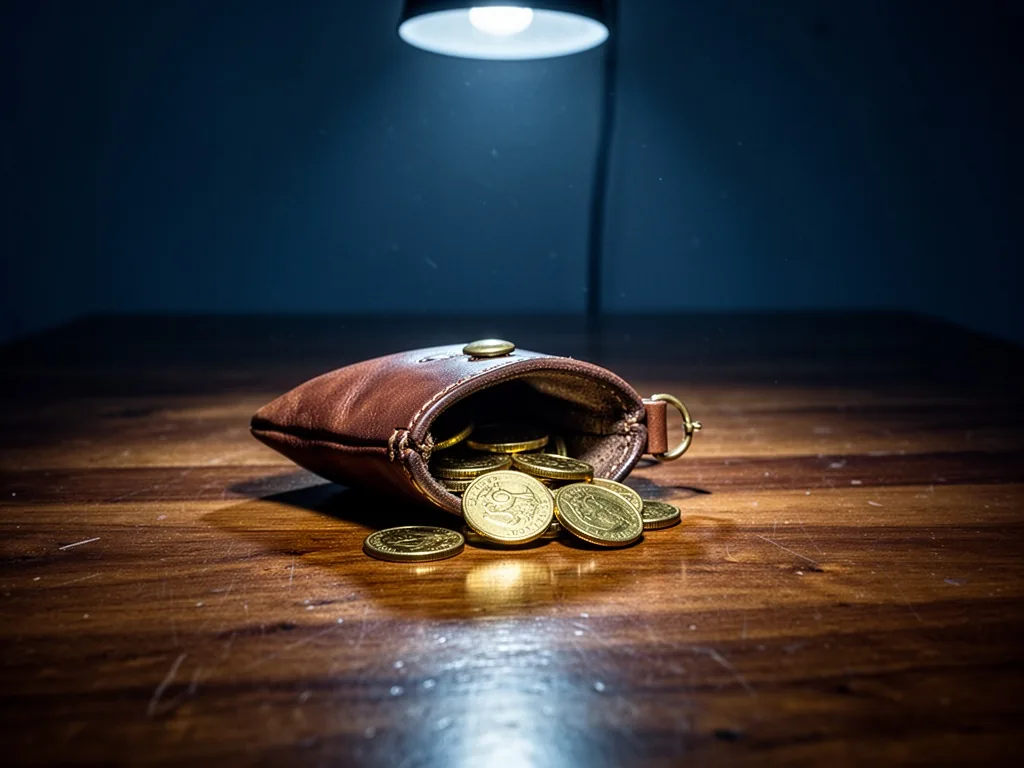 A small leather pouch with a few gold coins spilling out onto a polished wood table, empty space around it, single spotl