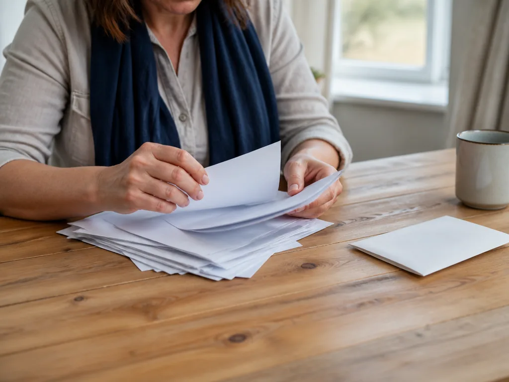 Photorealistic editorial photograph: a woman's hands sorting unmarked bank statements on a wooden desk, blank envelope n