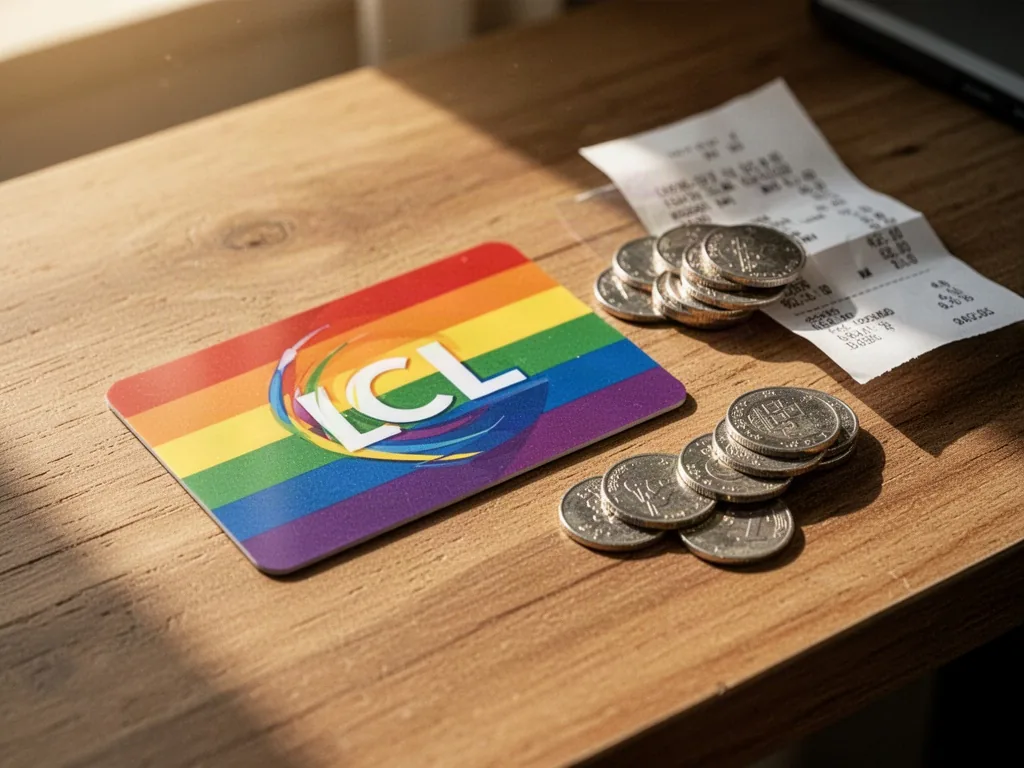A rainbow-colored bank card with a stylized LCL logo lying on a wooden desk beside a small pile of silver coins and a fo