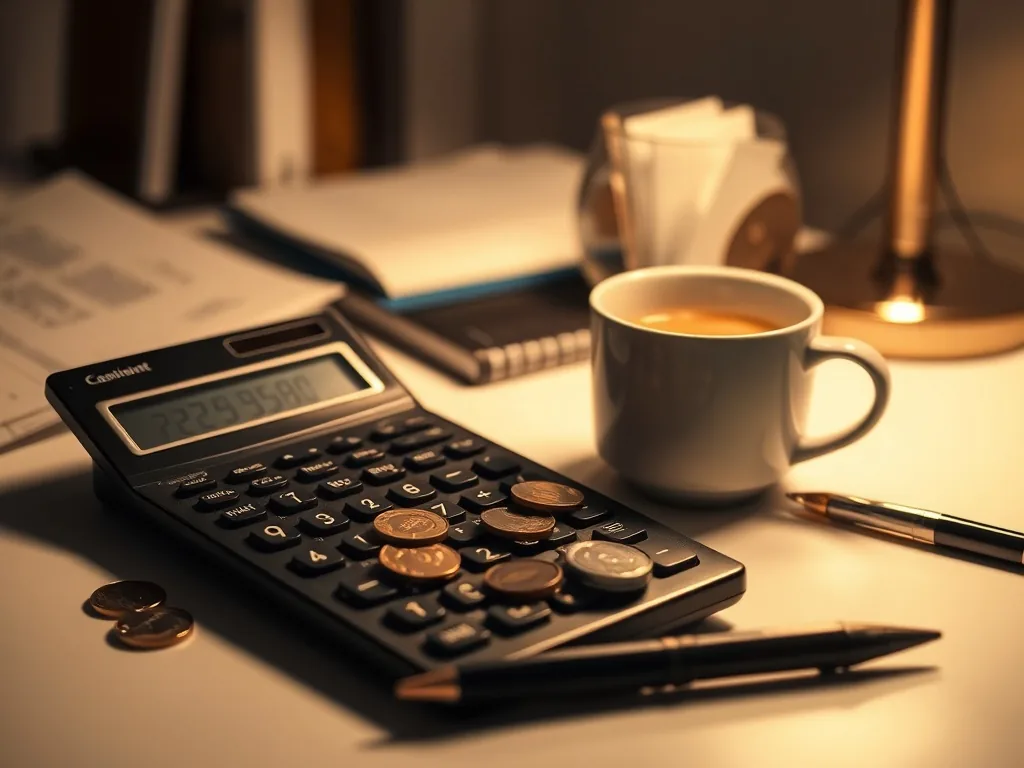 Plan d'architecte, calculette et stylo posés sur une table, avec une maquette d'immeuble neuf en arrière-plan.