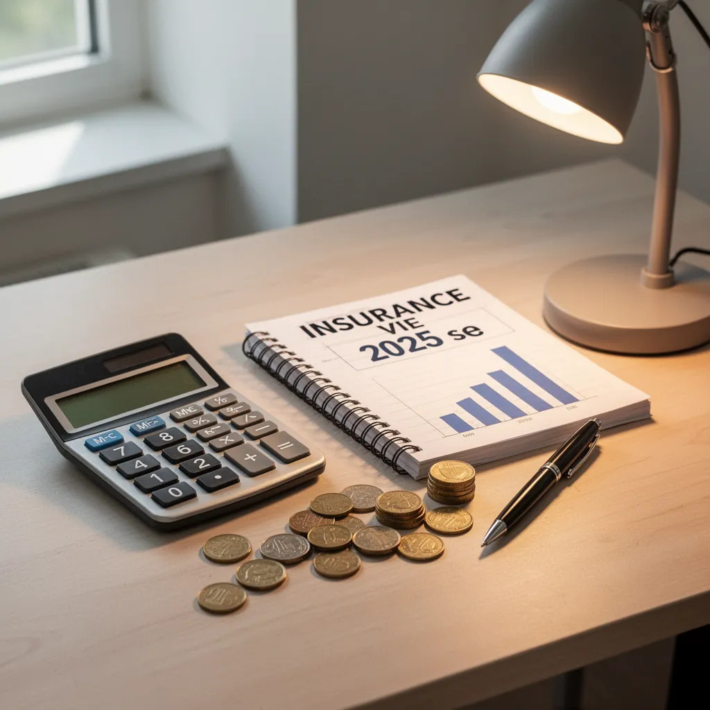 Main tenant un dossier d'assurance vie avec graphiques et calculatrice sur une table