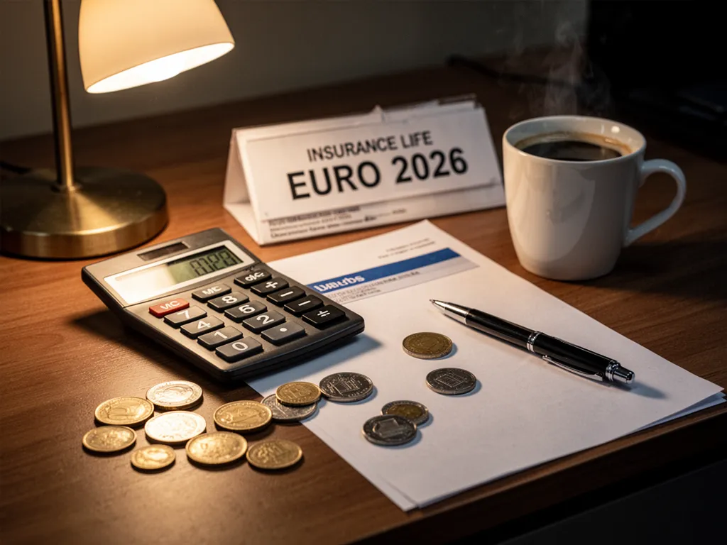 Graphique de performance de fonds euros avec mentions de frais, calculatrice et carnet de notes sur fond de bureau moderne.