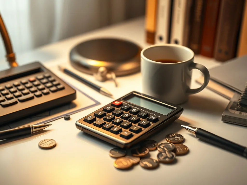 Calculatrice posée sur un relevé de points Agirc-Arrco entouré de pièces de monnaie