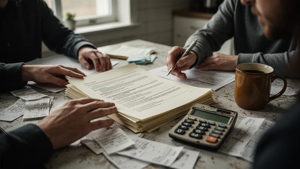 Main feuilletant des contrats bancaires, calculatrice et lunettes posées à côté