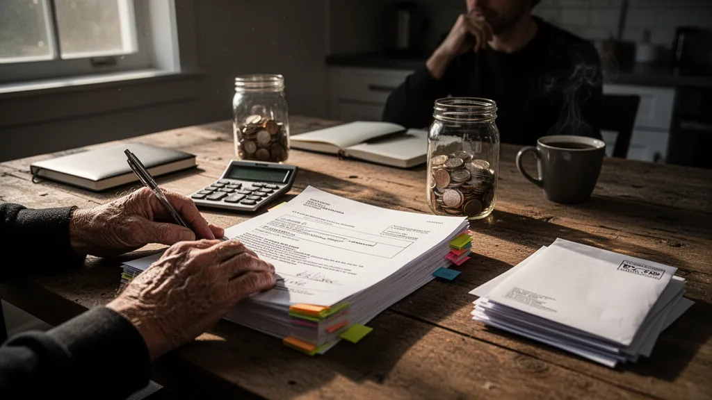 Mains tenant des contrats de prêt et une calculatrice sur une table avec un ordinateur portable