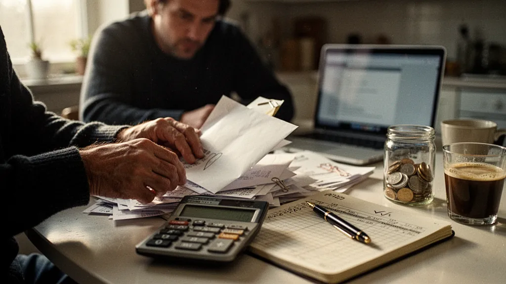 Main posant des documents financiers sur une table, calculatrice et relevés bancaires visibles