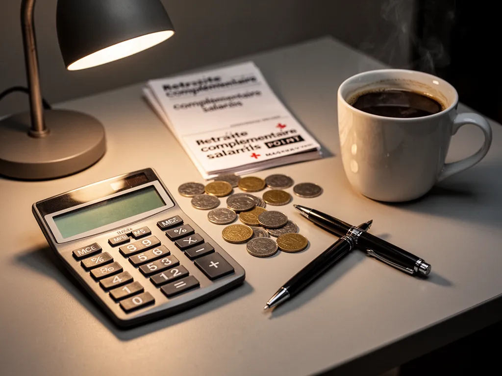 Calculatrice posée sur un relevé de carrière avec un stylo, évoquant la planification de la retraite complémentaire