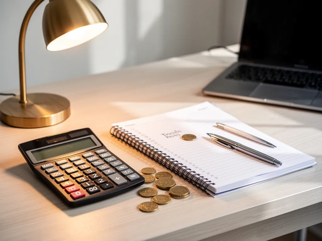 Main qui tient une calculatrice, tableau d'amortissement sur tablette et contrat de prêt sur une table