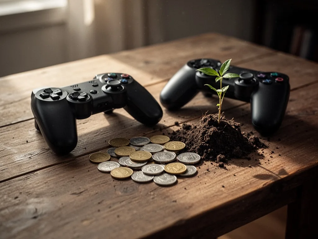 A wooden table with a video game controller next to a small pile of coins and a tiny plant sprouting from soil, soft aft