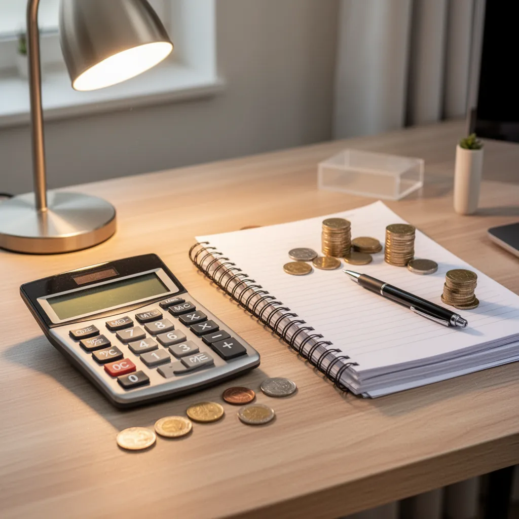 Couple autour d'une table, calculatrice et tableau d'amortissement imprimé, échange avec un conseiller