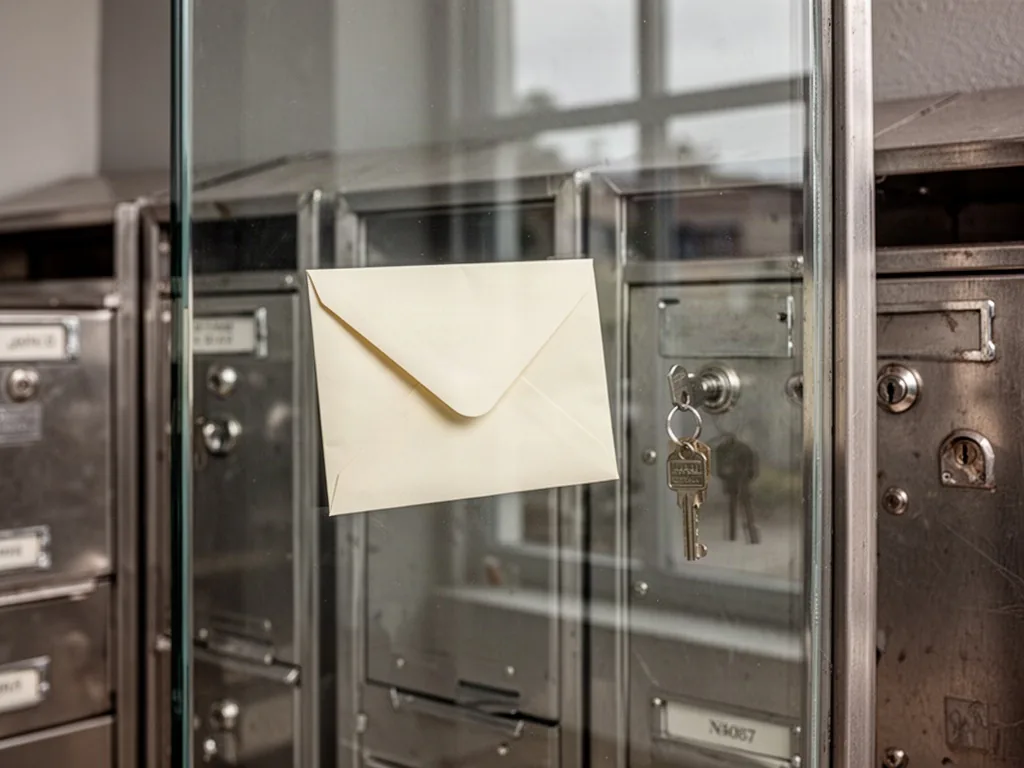 A thick glass barrier blocking a row of metal mailboxes, one cream envelope visible behind the glass, a small key stuck 