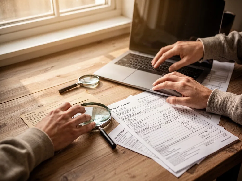 A pair of hands scrolling on a laptop trackpad, a magnifying glass and a printed bank form on a wooden desk, warm mornin