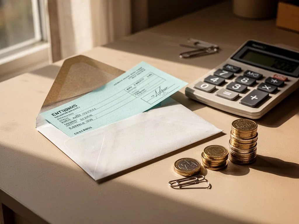 An envelope with a pale blue cheque partially sliding out, beside a calculator, a paperclip, and a neat stack of coins o