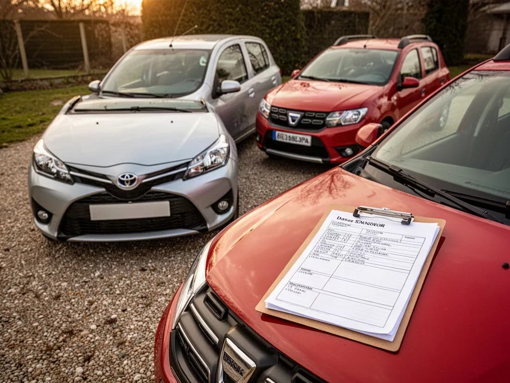 Two small hatchbacks, a silver Toyota Yaris and a red Dacia Sandero, parked on a gravel driveway, a clipboard with fuel 
