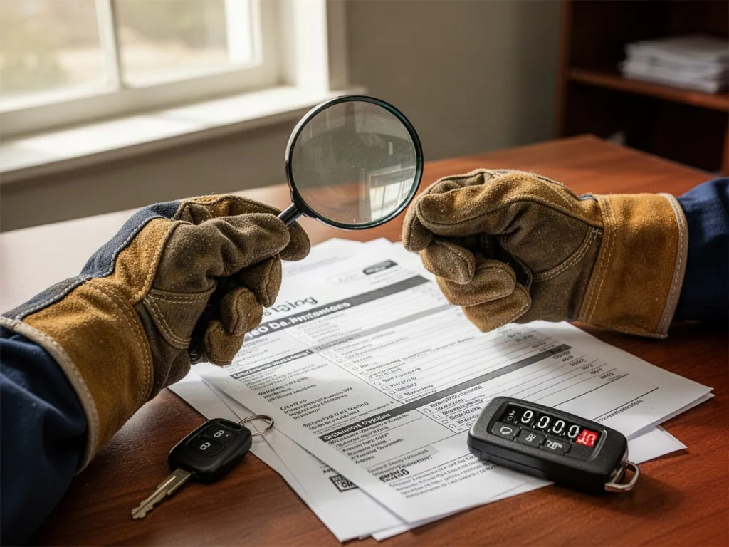 Hands in a mechanic's gloves holding a magnifying glass over a used car listing on an office desk, a car key and an odom