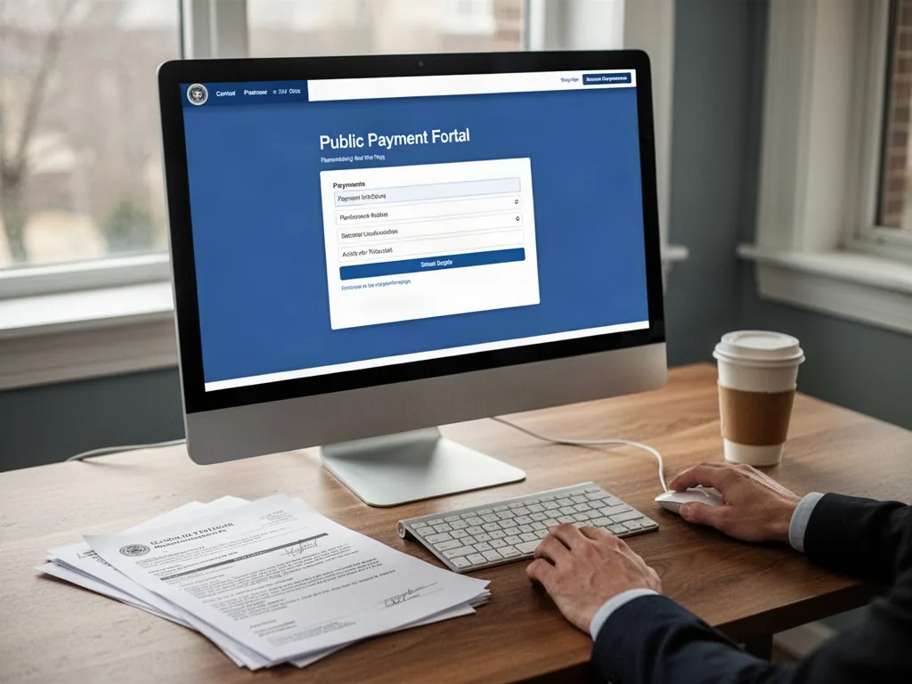 A computer monitor displaying a single public payment portal, a hand clicking a mouse, official paperwork and a coffee c