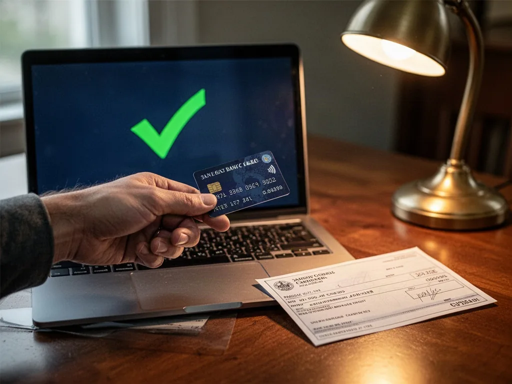 A hand holding a bank card over a laptop keyboard, a paper cheque lying flat beside the laptop, a green checkmark on the